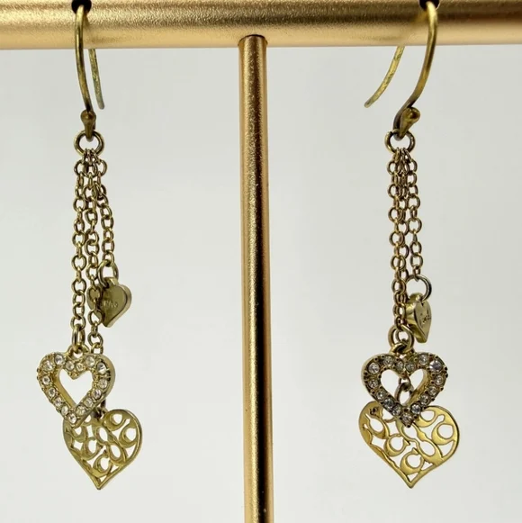 Coach Brass Vintage Gold Rare! Triple Heart Drop Earrings with Crystal Accents - Picture 3 of 3